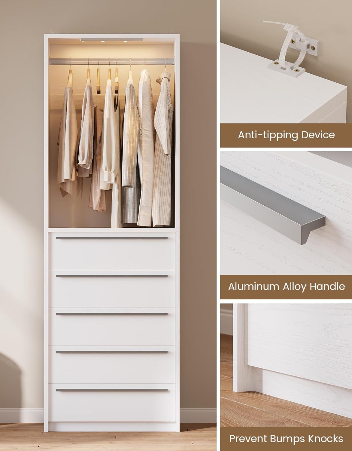 Closet System, Closet Organizer System with Rechargeable Motion Sensor Light Indoor, Walk in Closet Systems with 5 Drawers and Metal Hanging Rods, White