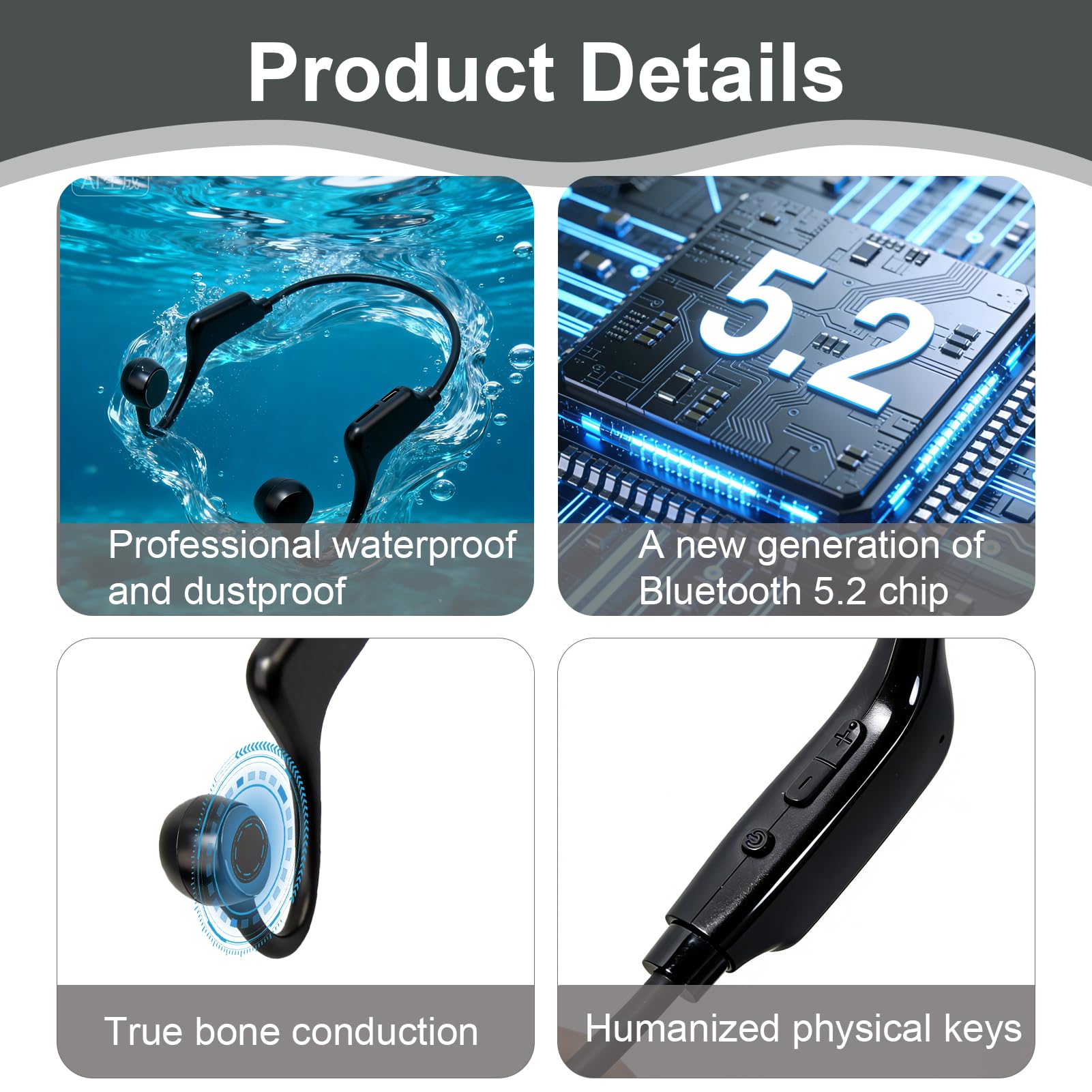 Cuffie Conduzione Ossea Bluetooth 5.3, Auricolari a Conduzione Ossea Sport con Microfono, IPX8 Impermeabile per Nuoto, Corsa, Ciclismo, Cuffie Nuoto Open-Ear HiFi Stereo, Ricarica Rapida USB-C
