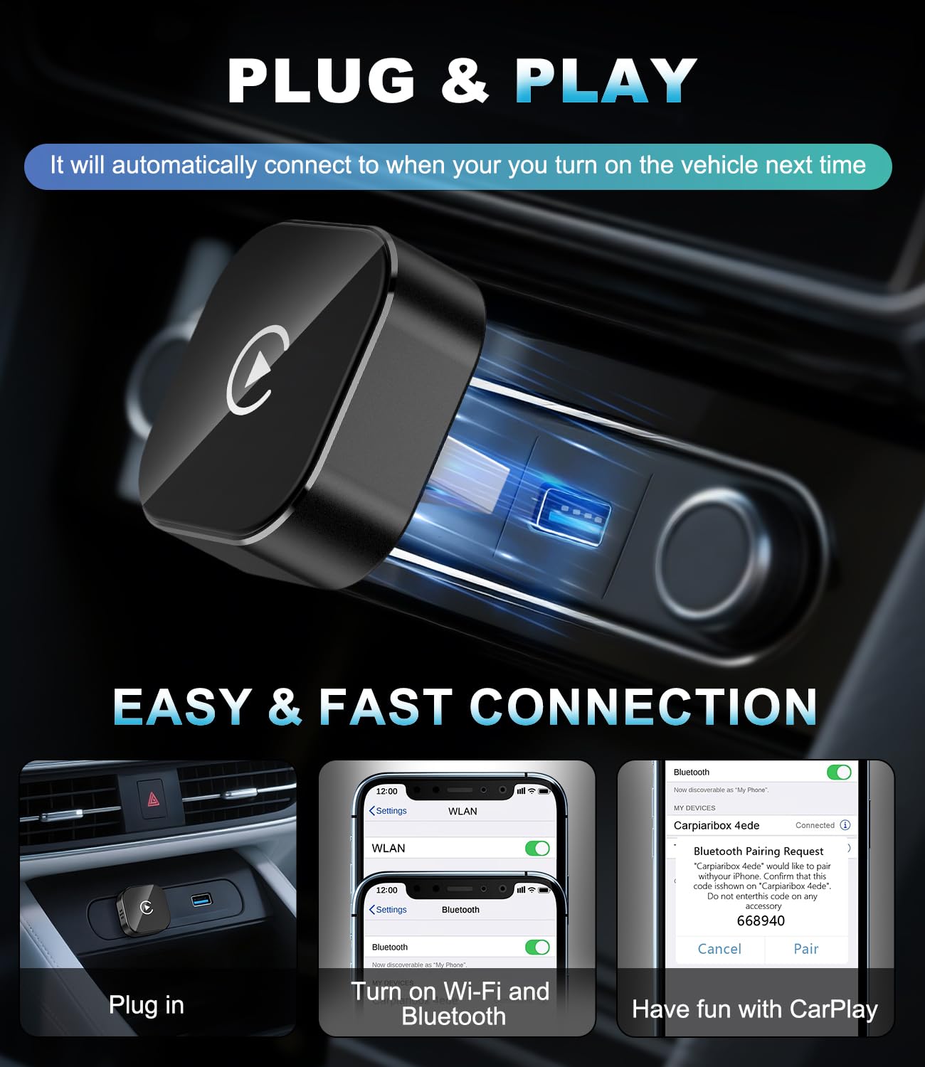 Adaptador inalámbrico CarPlay para Apple 2026, adaptador inalámbrico de Car Play, Plug & Play, USB-A, Mini y estable adaptador inalámbrico Car Play compatible con Apple iOS 10+ y coches con