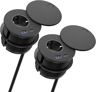 2er-Pack Einbausteckdose mit USB C PD 20W, Sewingvr Tischsteckdose mit Abdeckung ausgestattet, Versenkbare Steckdose mit USB A und C, 2m Kabel, Schwarz