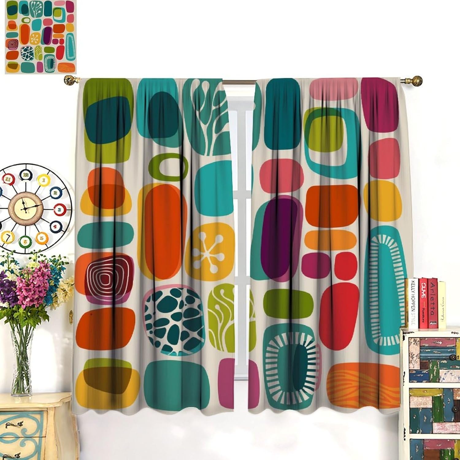 Mid Century Modern Curtains Retro Abstract Geometric Vintage 1950S 1960S Teal Orange Diamond Classic Blackout Rod Pocket Curtains for Bedroom Living Room Decor Window Drapes 42x45 Inch