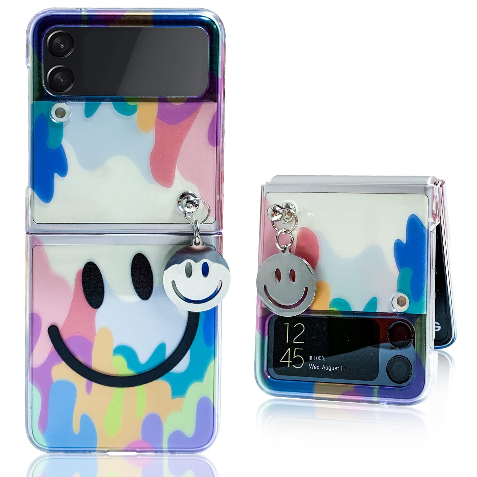 Case for Z Flip 3, Cute Smile Clear Phone Case with Strap Wrist, Slim Stylish Protective Bumper Case, Hard Anti-Scratch Phone Fashion Cover Women Girls (Samsung Galaxy Z Flip 3, Smile Clear)