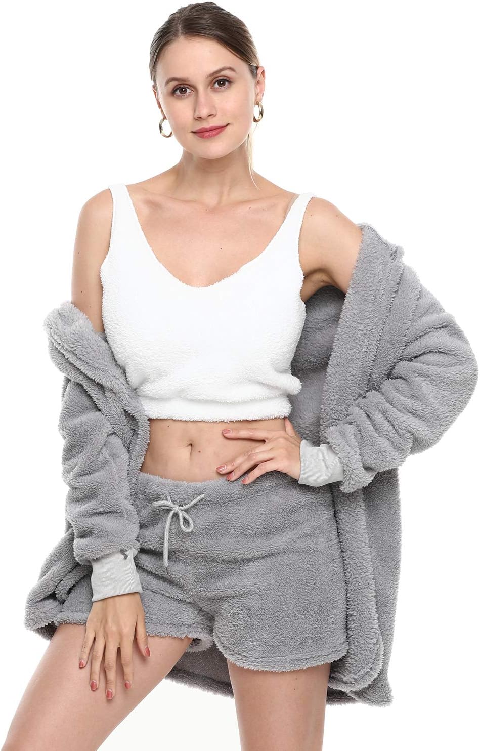 VNVNE Womens Sexy Fuzzy Warm Sherpa Fleece 3 Piece Outfit Fleece Coat Jacket Outwear and Spaghetti Strap Crop Top Shorts Set - Image 3