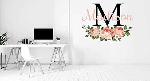 Miniatura 5 de CuteDecals Calcomanías de pared personalizadas con nombre y inicial de flores, decoración artística de peonías, calcomanías murales de niñas para