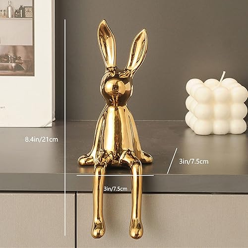 Vista 2 de Estatua de figura de conejo sentado, figuras de conejo dorado de cerámica para escritorio, gabinete, estantería, mostrador, hogar, hotel, bar