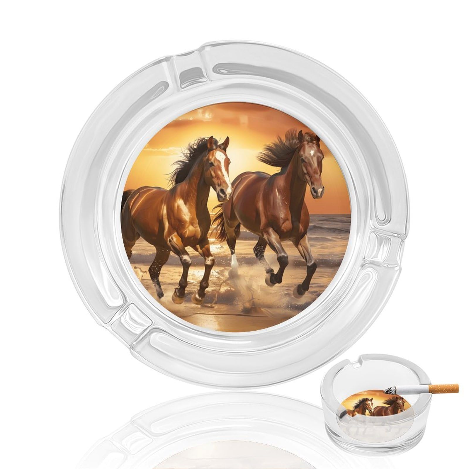 Wild Horses Running on The Beach Ashtray Portable Round Glass Outdoor Ash Tray for Home Office Garden Pub