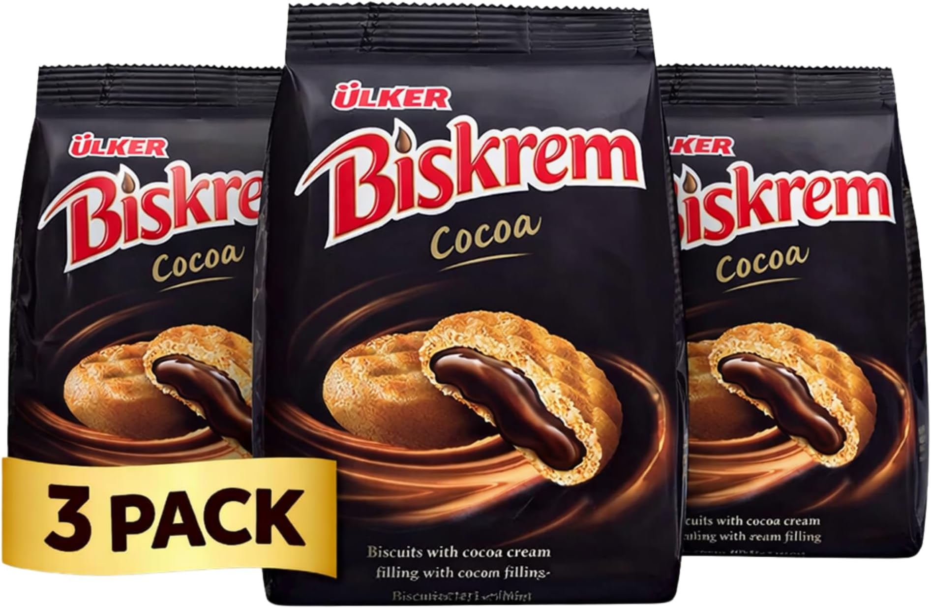 Ulker Biskrem Cocoa Cream Filled Cookies (3 Pack, Total of 615g)