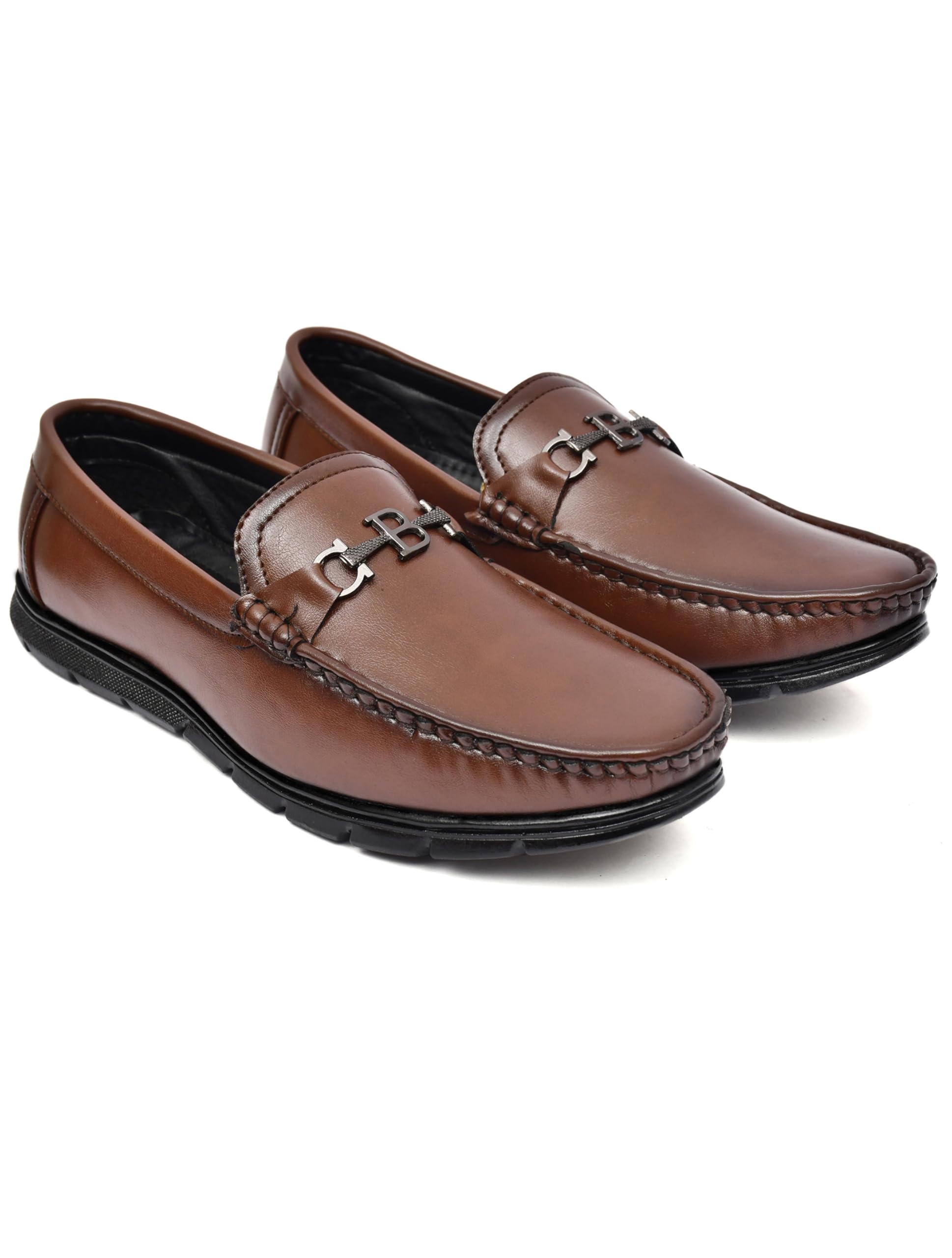 Men's Brown Leather Loafers with Metal Buckle Detail, Slip-On Moccasin Style, Black Sole-image-34