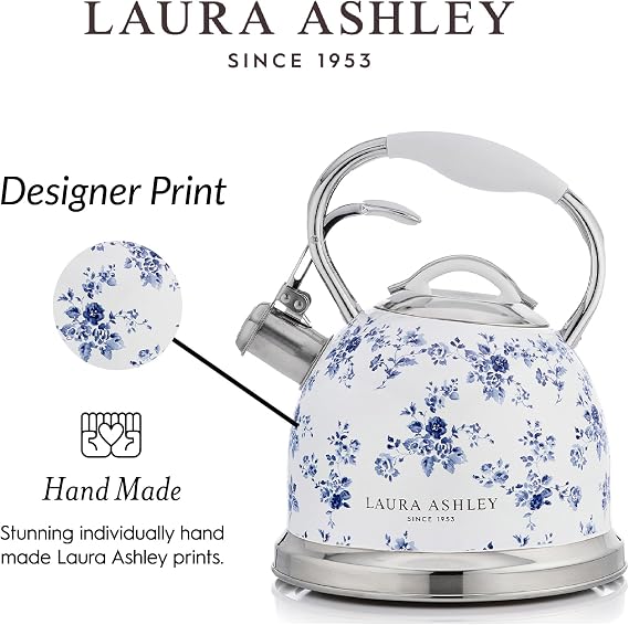 Laura Ashley China Rose Whistling Tea Kettle Stovetop, Tea Pot for Stove | Stainless Steel Water Kettle Stove Top, Cool Touch Handle, 2.5L/10 Cup Capacity, Gas Induction Electric, Aga Stove Compatible