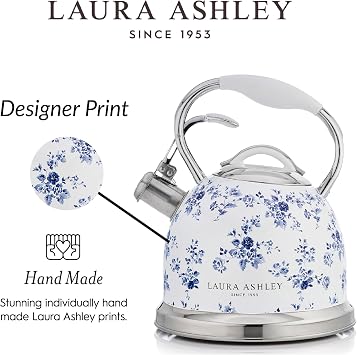 Laura Ashley China Rose Whistling Tea Kettle Stovetop, Tea Pot for Stove | Stainless Steel Water Kettle Stove Top, Cool Touch Handle, 2.5L/10 Cup Capacity, Gas Induction Electric, Aga Stove Compatible