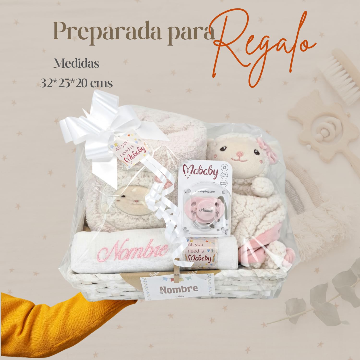 Cesta Bebé Recién Nacido Niño My Sheep Personalizada (Azul) | Set personalizado con dou dou ovejita, manta suave, muselina de algodón, chupete con nombre y pastel de pañales.