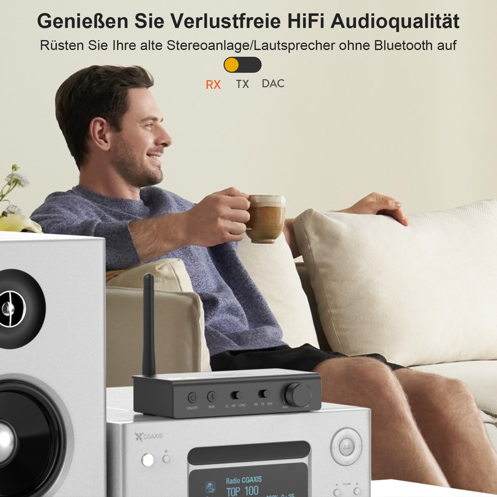 1Mii Transmisor HiFi Bluetooth receptor para TV, G de gran alcance, adaptador de audio inalámbrico con audiófilos DAC, LDAC, aptX HD/LL, pantalla OLED, salida RCA coaxial óptica, entradas -DS700