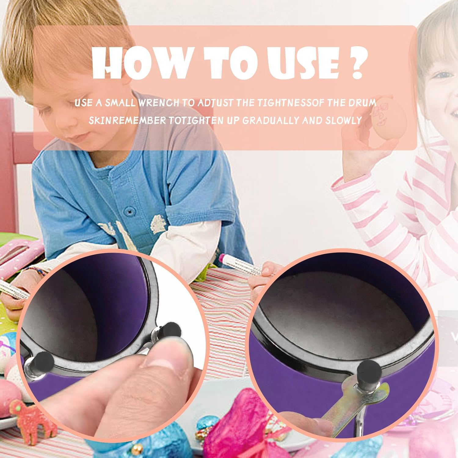 Soulmate Bongo Drum for Kids Adults Beginners 4'' and 5'' Bongos Set Tunable Natural Skin Percussion Instruments With Tuning Wrench (Purple)