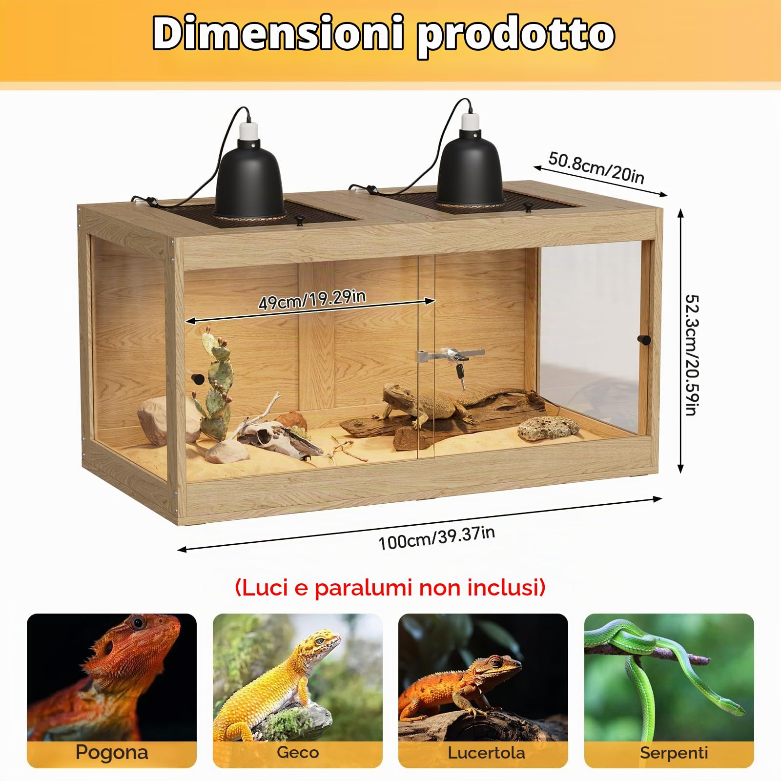 Grande Terrario Terrarium, 100x50.8x52.3 cm Scatola per Rettili in Legno con Vetro Panoramico a 360°, Ventilazione e Chiusura di Sicurezza, per Serpenti Tartarughe d'acqua e Lucertole