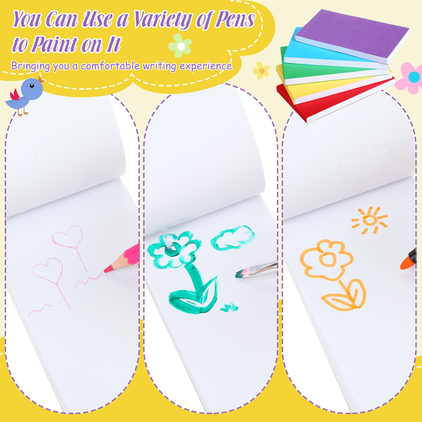 Seajan 50 quaderni con fogli vuoti, 11,4 x 6,3 cm, per animazione, mini album per schizzi, kit per studenti, disegno e schizzi (rosso, blu, verde, giallo, viola)