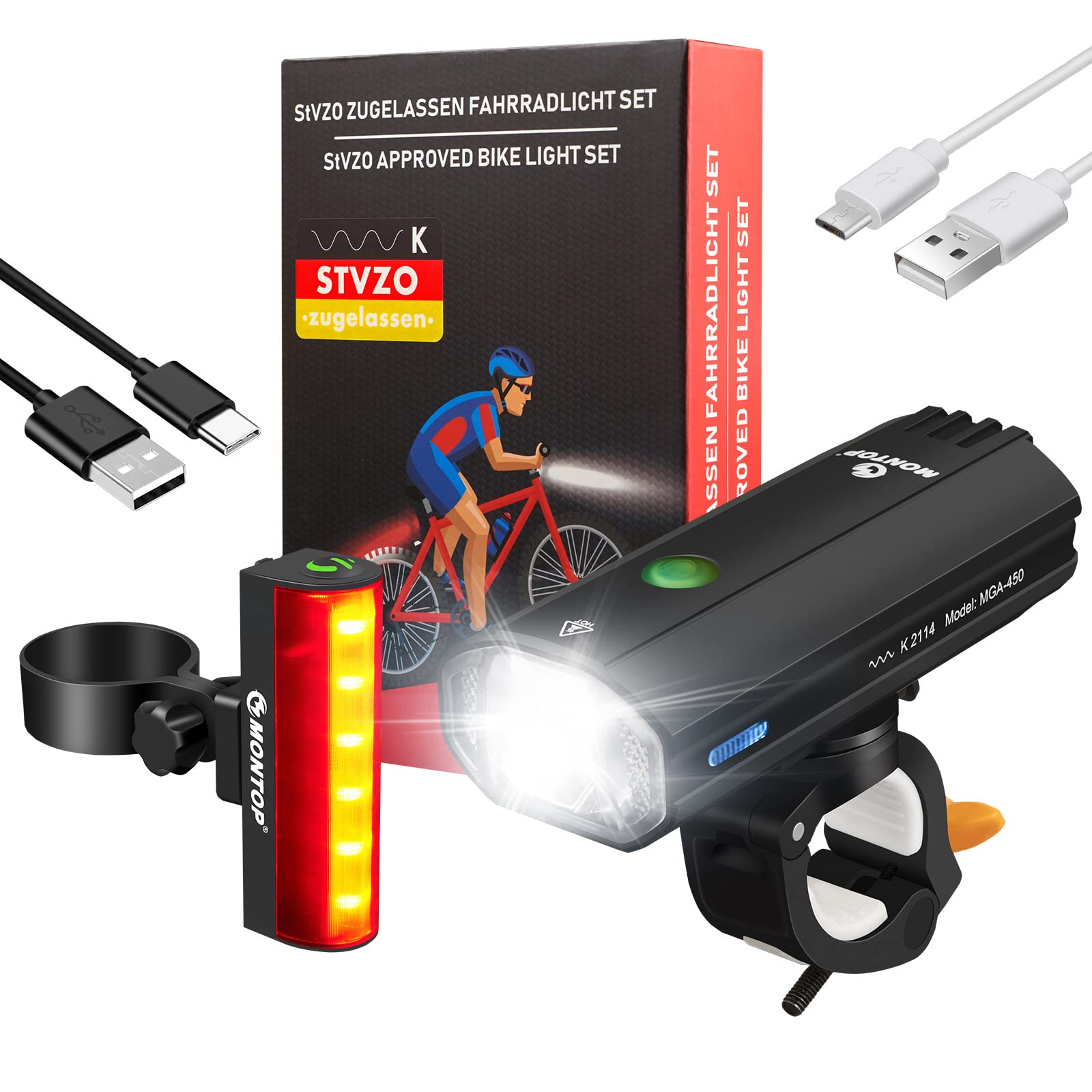 Dopuszczone do ruchu drogowego zestaw świateł rowerowych, akumulator USB, oświetlenie rowerowe LED, zestaw oświetlenia rowerowego, zestaw oświetlenia rowerowego, w zestawie światła przednie i tylne,