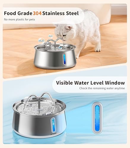 Miniatura 4 de Fuente de agua para gatos de acero inoxidable fuente para gatos de gran capacidad de 135 oz4 litros con ventana de agua, fuente para mascotas para