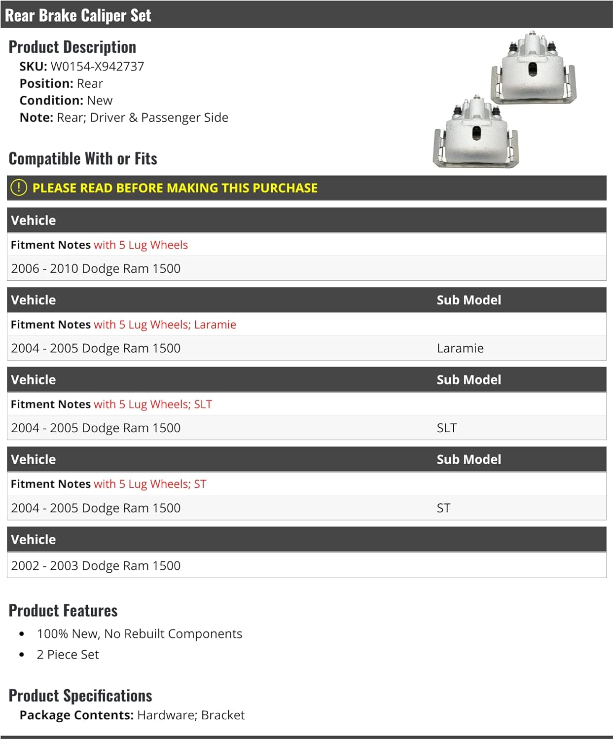 Rear Brake Caliper Set of 2 - Compatible with 2002-2010 Dodge Ram 1500 (with 5-Lug Wheels)