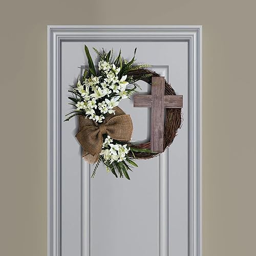 Miniatura 4 de KLKCMS Corona de Pascua de 1378 pulgadas con vid colgante con arpillera rústica para decoración de vacaciones boda vacaciones casa de campo sin