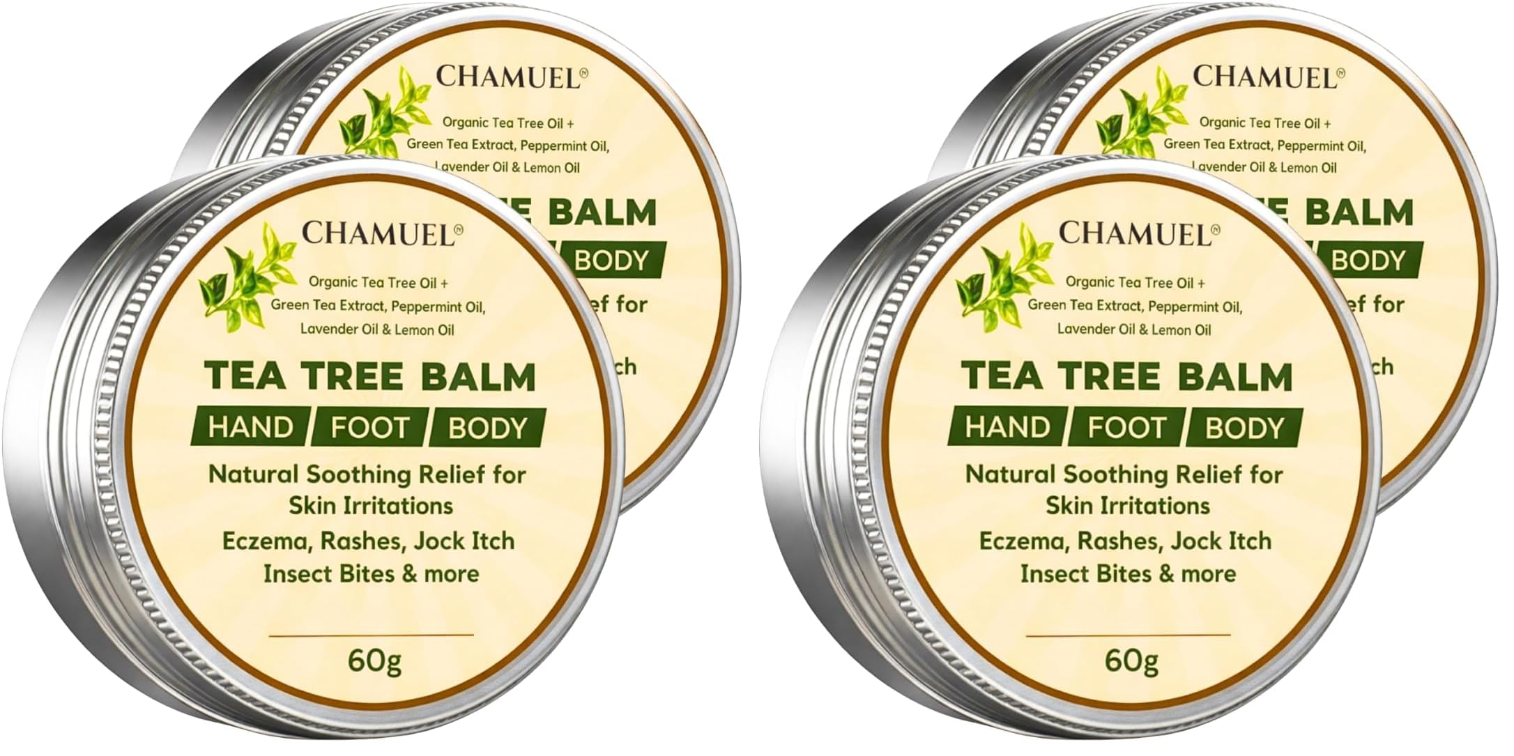 Tea Tree Oil Balm, Itchy Skin Relief for Soothing Rashes, Jock Itch, Athlete's Foot, Folliculitis, Bug Bites. Natural Formula for Dry Sensitive Skin | Safe for All Ages 4pack