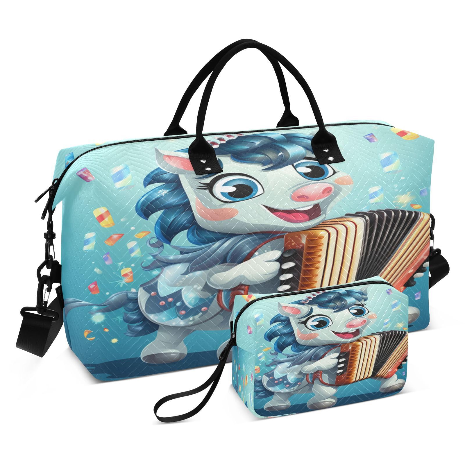 Blue Cute Unicorn Cartoon Sports Swim Gym Bag Weekender Duffel Travel Bags Handbag with Makeup Storage Bag for Girls Men