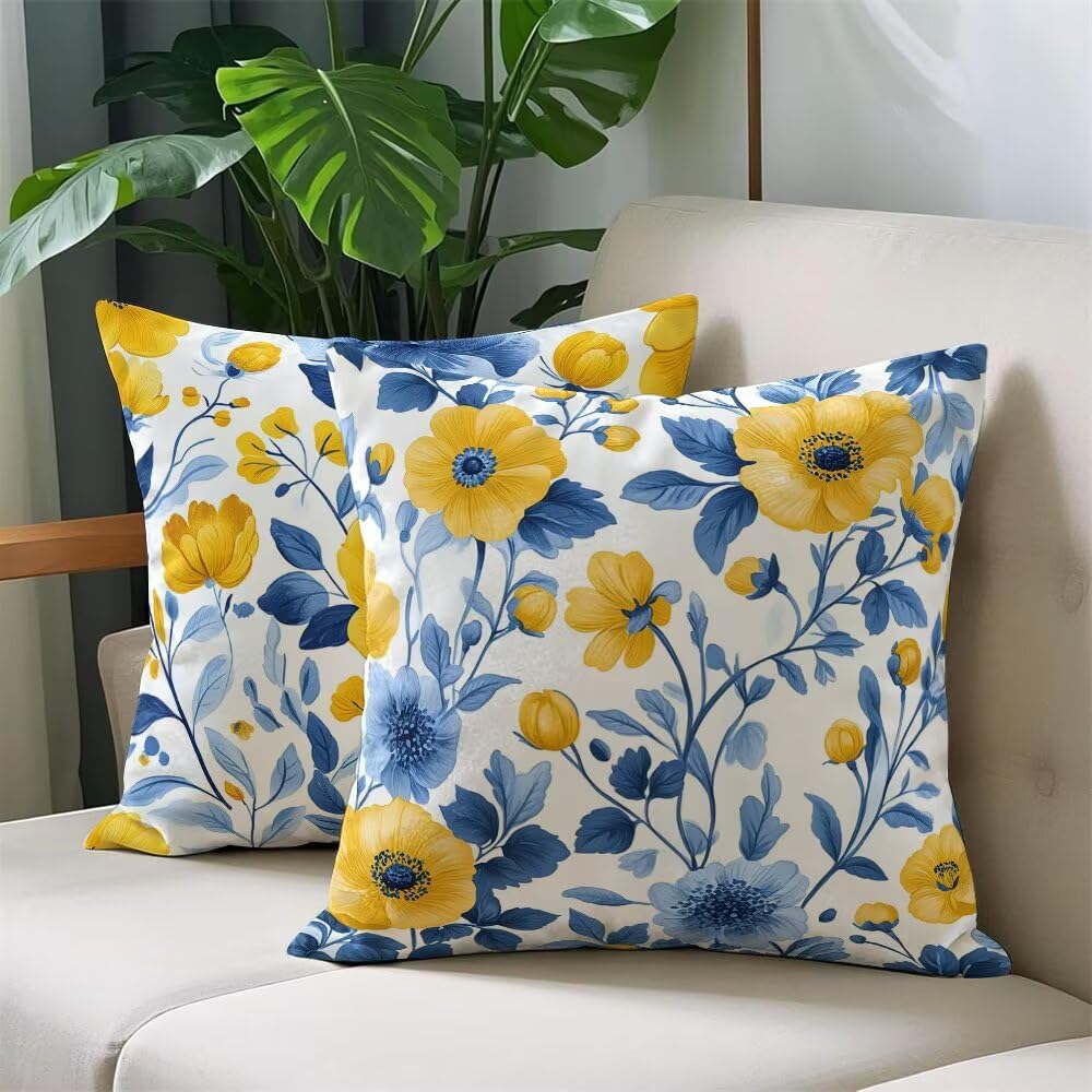 Federe Cuscini Divano 60x60 cm Federe Morbido Copricuscini Blu in Velluto, 2 Pezzi Copri Cuscini per Divano Piante Quadrati Decorativi Federa Cuscino Primavera per Camera da Letto Soggiorno (IU165)