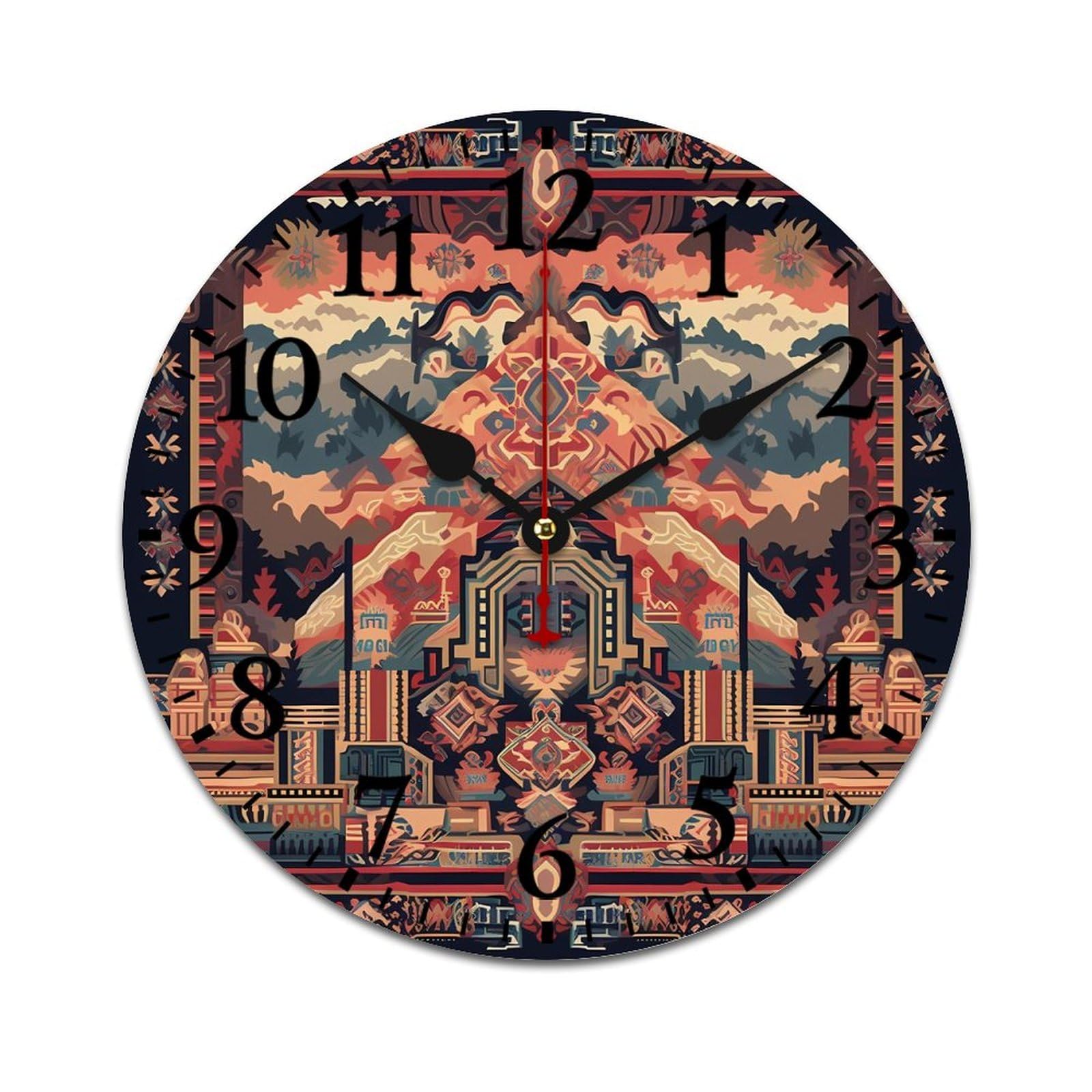 NTVOWPZO 10 Inch Wall Clock Wooden Traditional Tribal Patterns Battery Operated Wall Clocks Silent Non-Ticking Square Wall Clock for Living Room Kitchen Home Office Wall Decorative Clocks