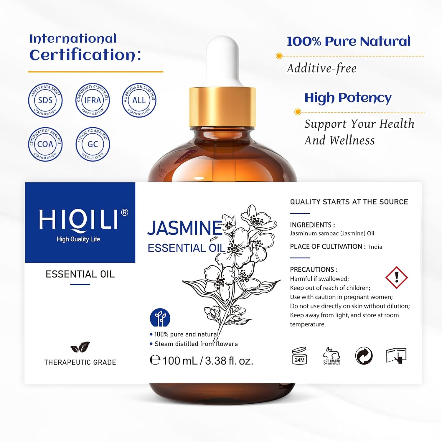 HIQILI Jasmine Essential Oil label showing ingredients, place of cultivation, and general precautions.