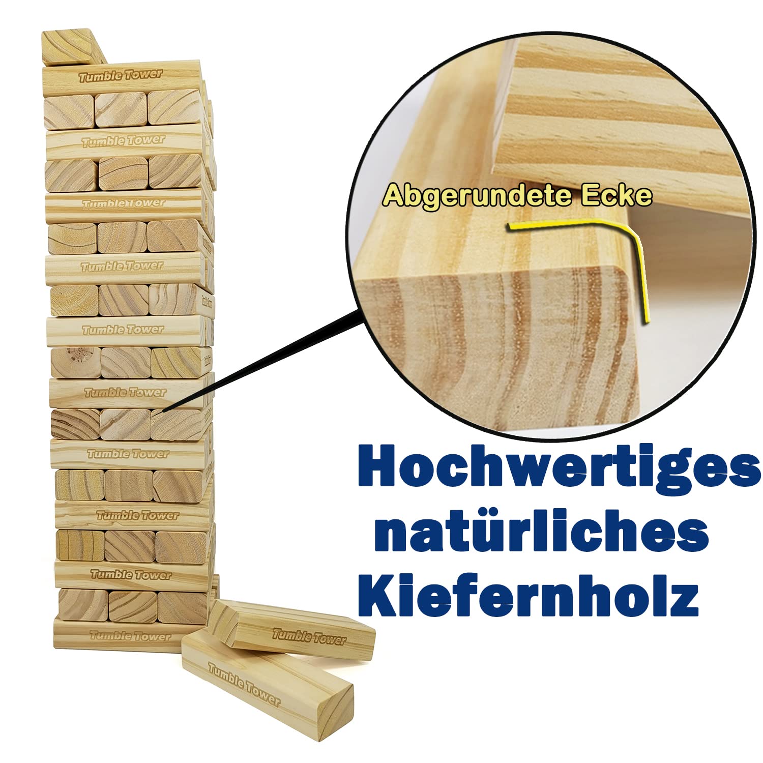 Jac & Mok Jumbo Tumble Tower Wackelturm 60 Stück Kiefernholz Toppling Blocks Spielzeug mit Tragetasche