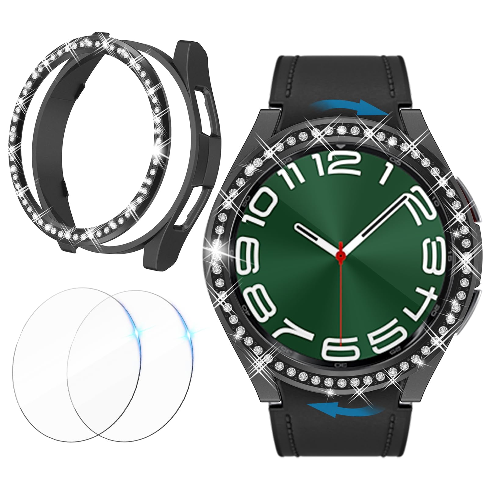 HAJSLU Hard PC 3 in 1 Case for Samsung Galaxy Watch 6 Classic 43mm, 1 Full Coverage Hard PC Bumper Cover + 2 Tempered Glass Screen Protector Film + 1 Bling Dimond Ring(Black,43mm)