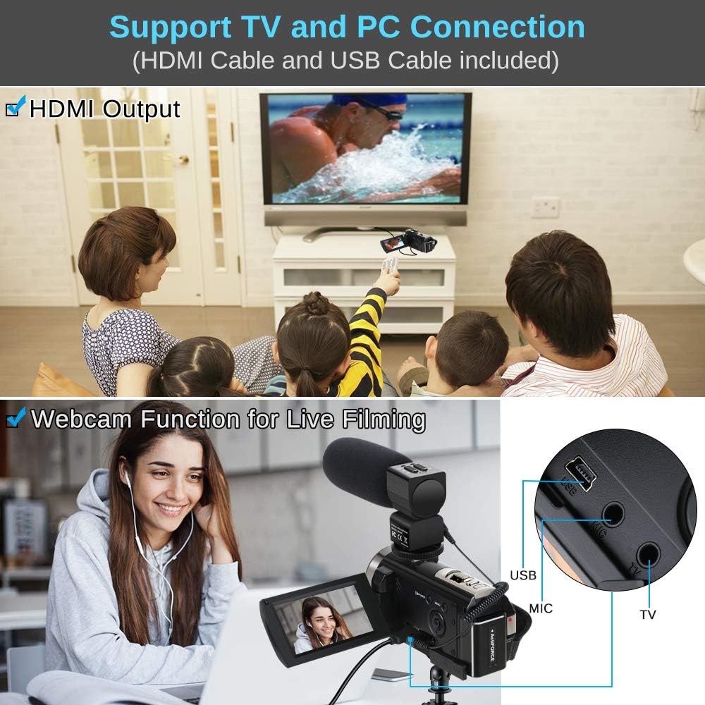 Video Camera Camcorder,Actinow Digital Camera Recorder with Microphone HD 1080P 24MP 16X Digital Zoom 3.0 Inch LCD 270 Degrees Rotatable Screen YouTube Vlogging Camera with Remote Control,2 Batteries