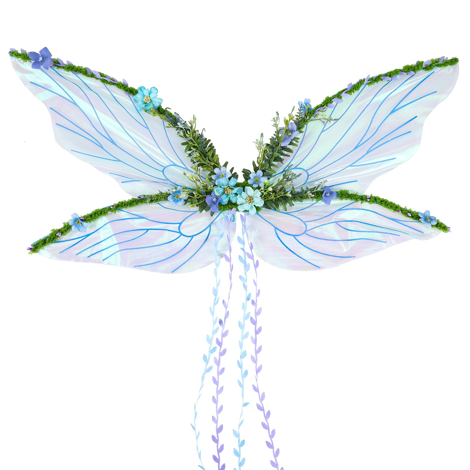 PartyforU Blue Women Fairy Wings, Butterfly Wings Adult with Flowers Leaves and Vines, Woodland Fairy Dress Costumes for Renfaire Halloween Costume