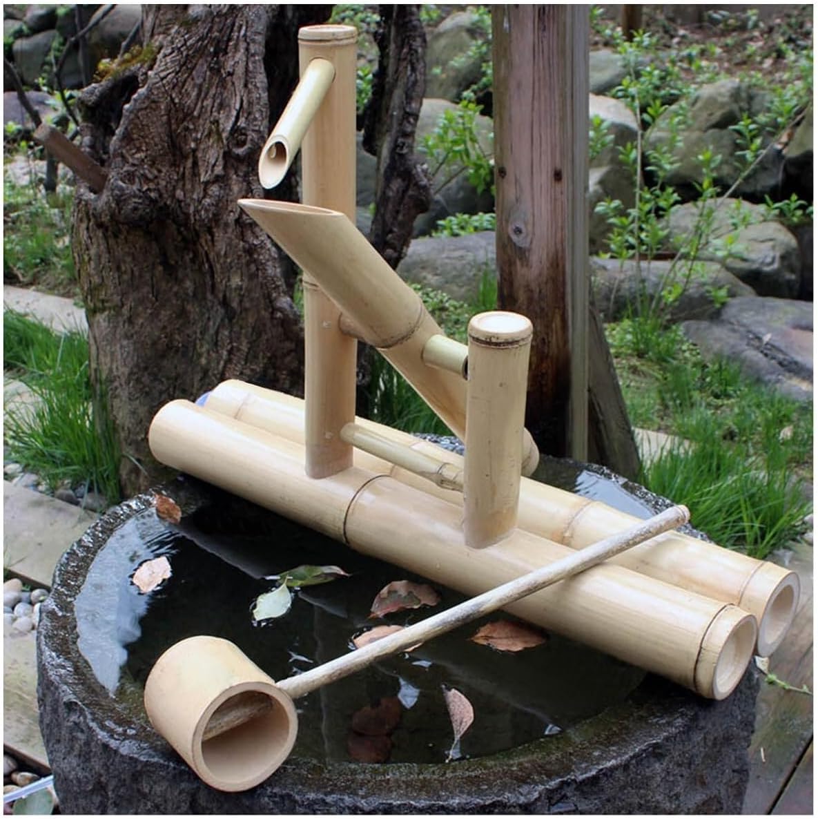 Bamboo Water Fountain with Pump Kit, Water Fountain Outdoor Indoor, Japanese Style Flowing Water Landscape Bamboo Fountain, Handmade