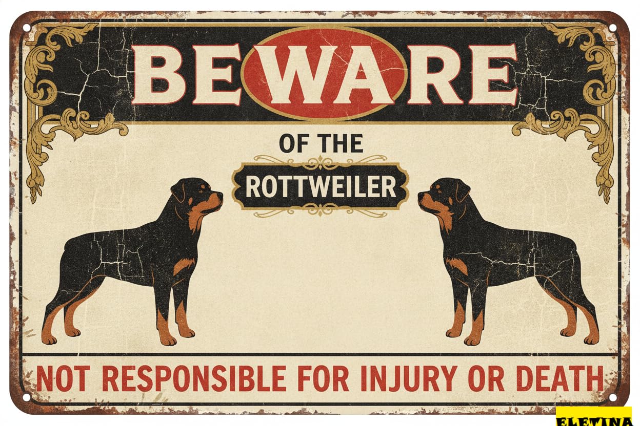 Tin Sign for Man Cave Beware Of The Dog Rottweiler Aluminum Metal Tin S Outdoor Yard Warning Fence Yard Home Kitchen Farm Garden Wall Decor 8x12 Inch Private Property Decorative