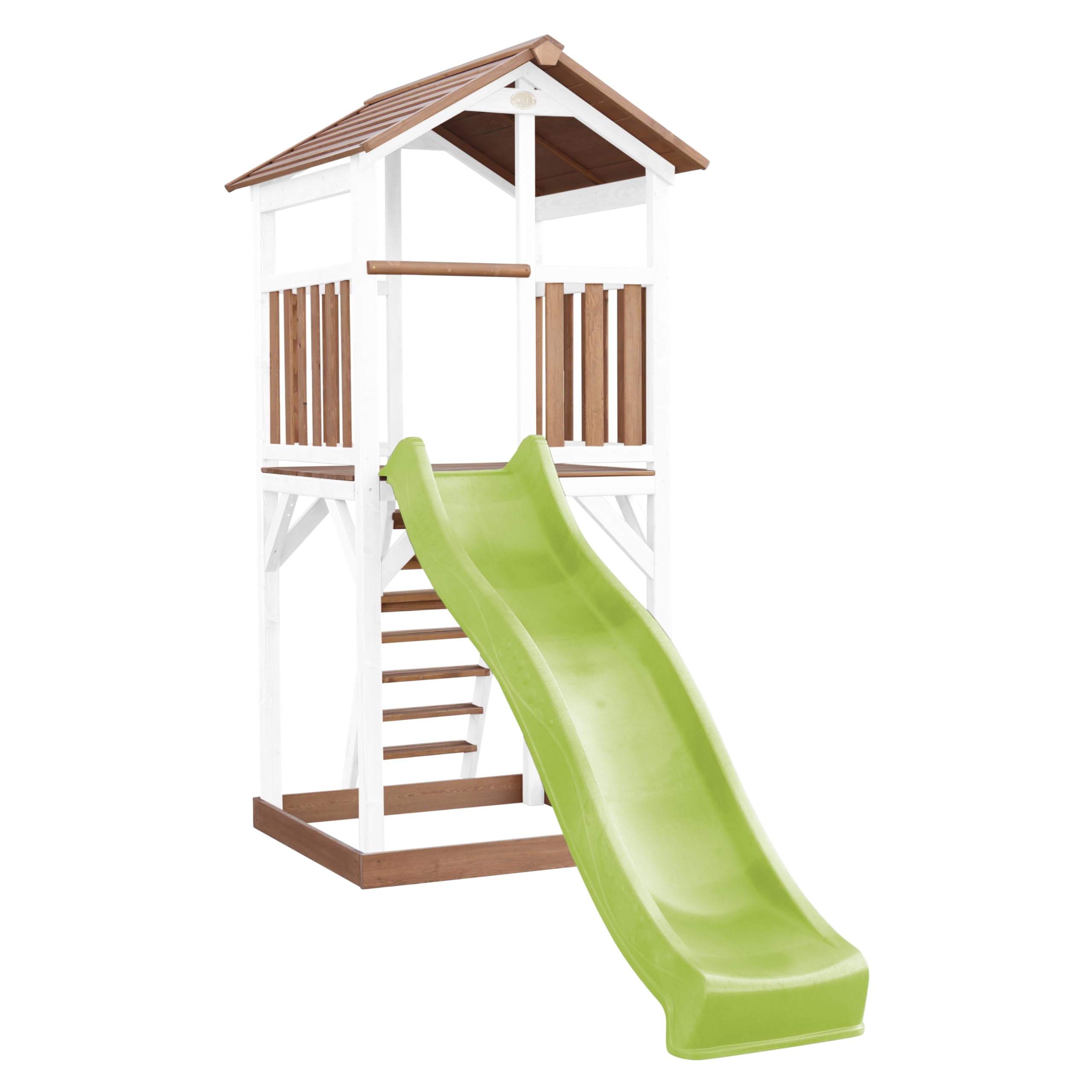 AXI Beach Tower Drewniana wieza do zabawy w kolorze brazowym i bialym | Wieza do zabawy z piaskownica i jasnozielona zjezdzalnia | Domek do zabawy na palach do ogrodu