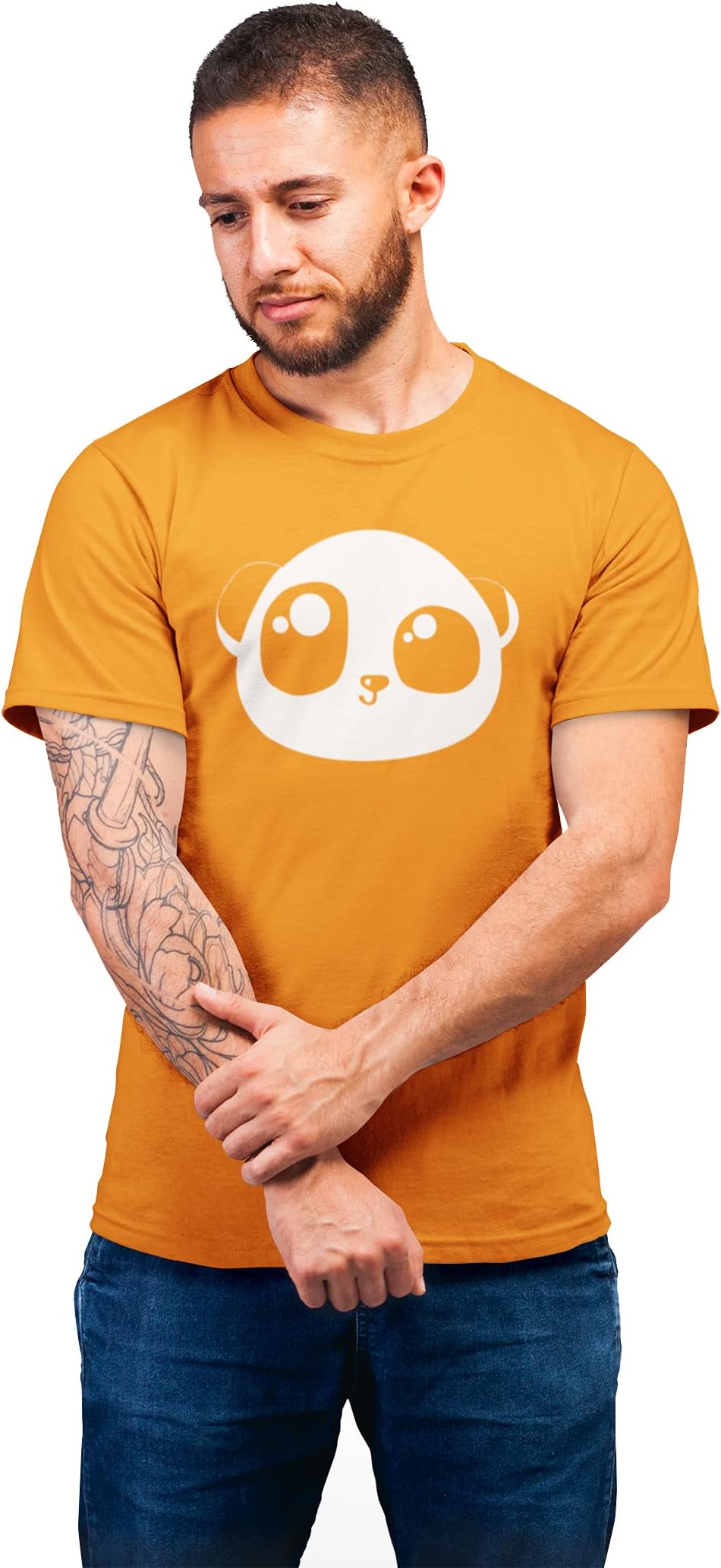 THE ELEGANT FASHIONMen`s 100% Cotton Half Sleeve Round Neck Panda Face Emoji Printed T-Shirt Mustard