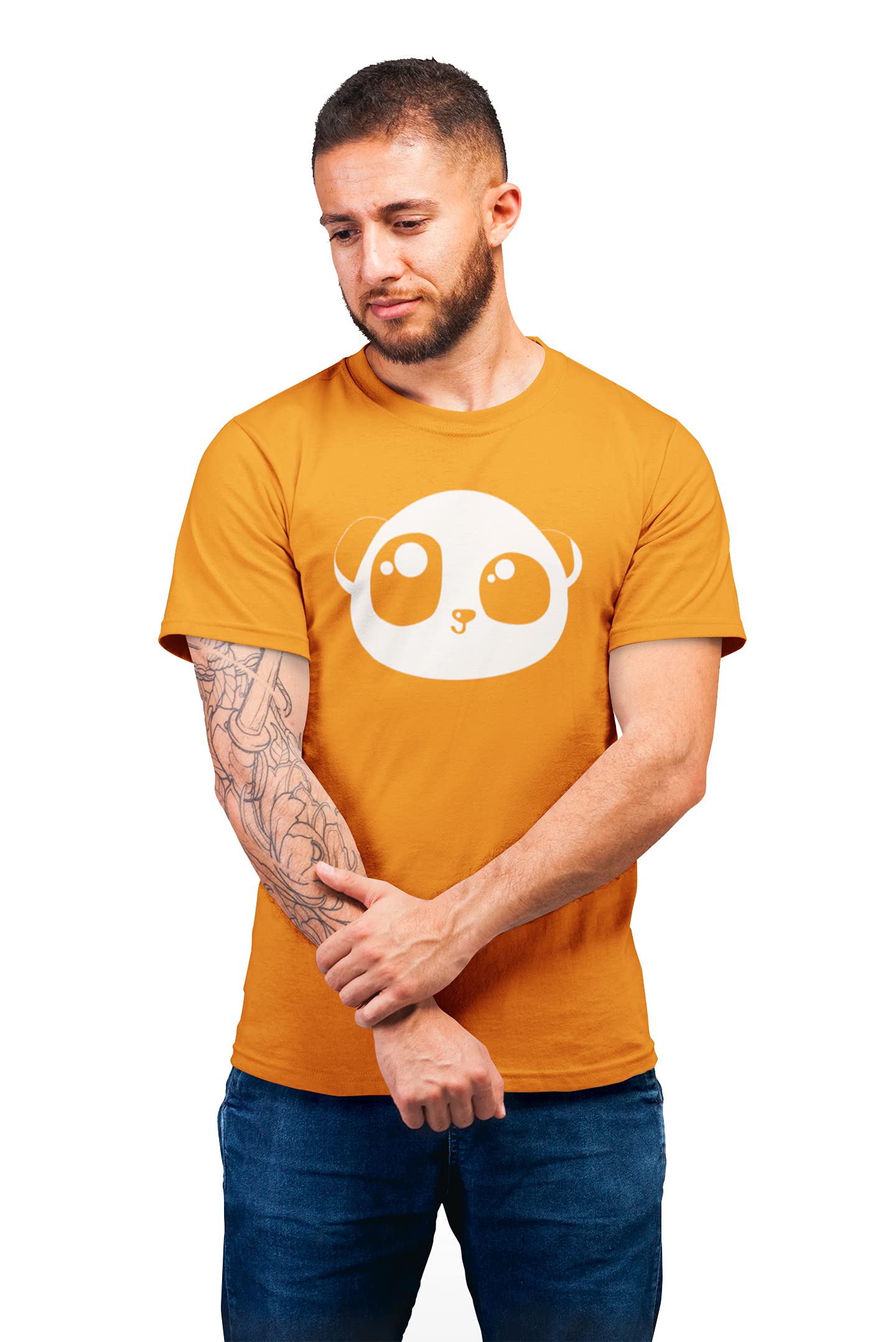 THE ELEGANT FASHIONMen`s 100% Cotton Half Sleeve Round Neck Panda Face Emoji Printed T-Shirt Mustard