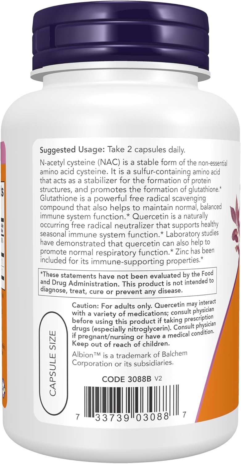 Now Foods Supplements, NAC Quercetin and Zinc, Immune and Respiratory Support*, 1,000 mg NAC, 500 mg Quercetin, 15 mg Zinc, 90 Veg Capsules