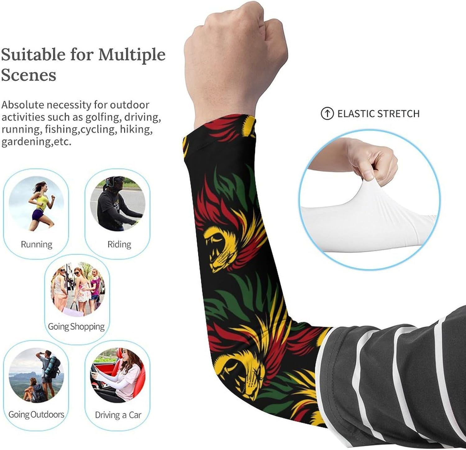 Rasta Reggae Lion Jamaica Arm Sleeves Sun Protection Sleeves Sports Cooling Arm Compression Sleeve for Men Women