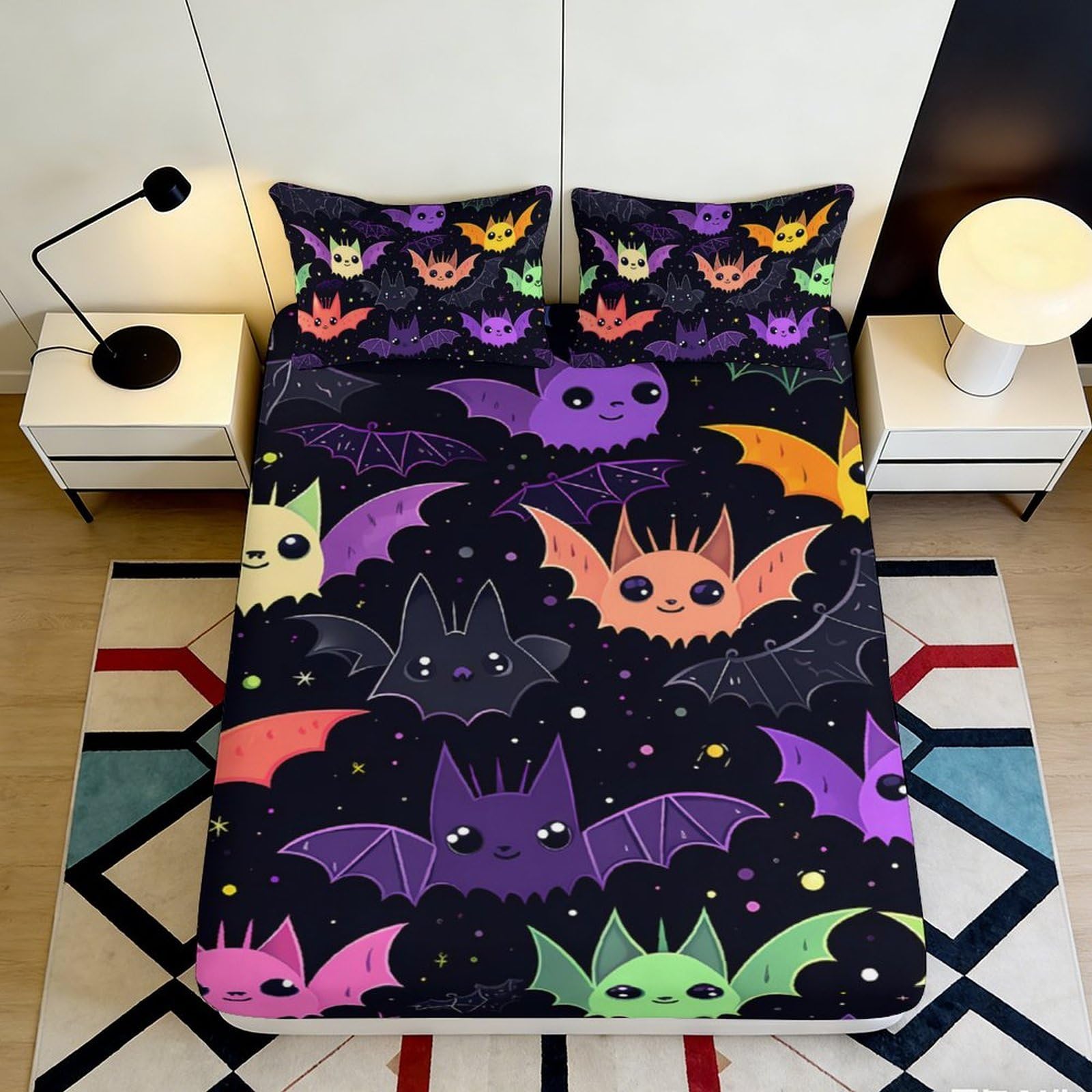 3D Printed Colorful Cute Bat Fitted Sheet Microfiber Soft Mattress Cover for Bedroom Dorm Mattress Protection Decor 180x200x25cm