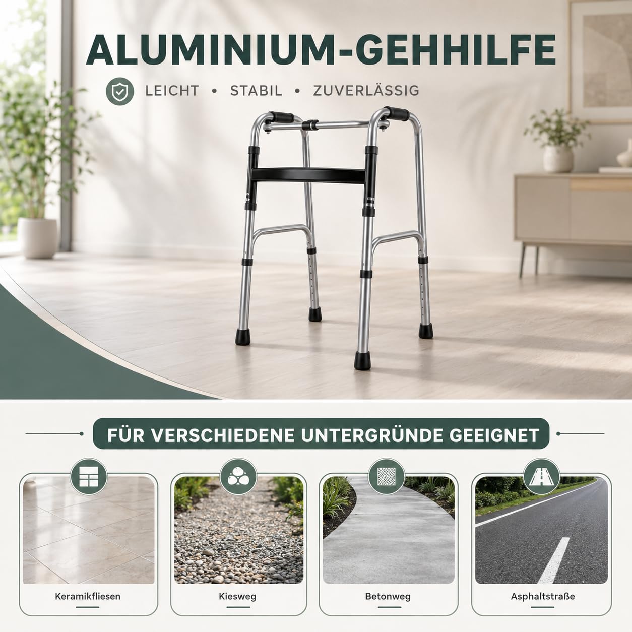 Gehgestell faltbar, mit 6-fach einstellbarer Höhe, Bis 100 kg