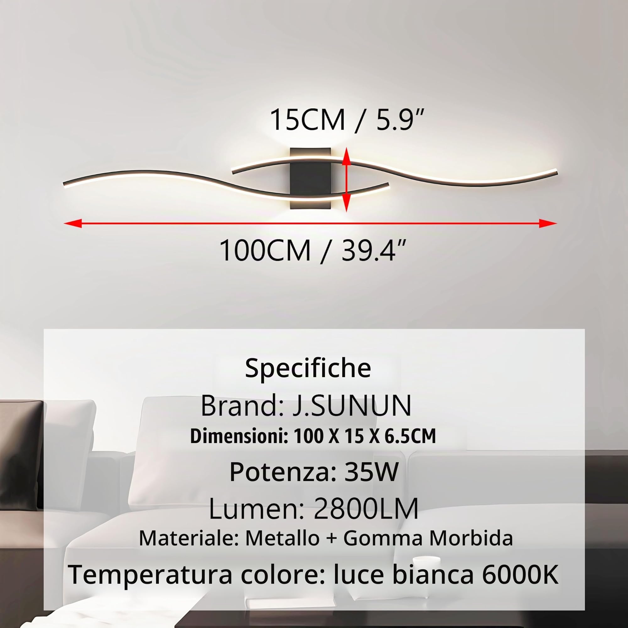 Applique LED da Parete Interno Lungo Negro 100CM 39.4in 35W 2800LM Moderna Lampada da muro Alluminio Per Soggiorno Camera da Letto Scala Corridoi Luce bianca 6000K