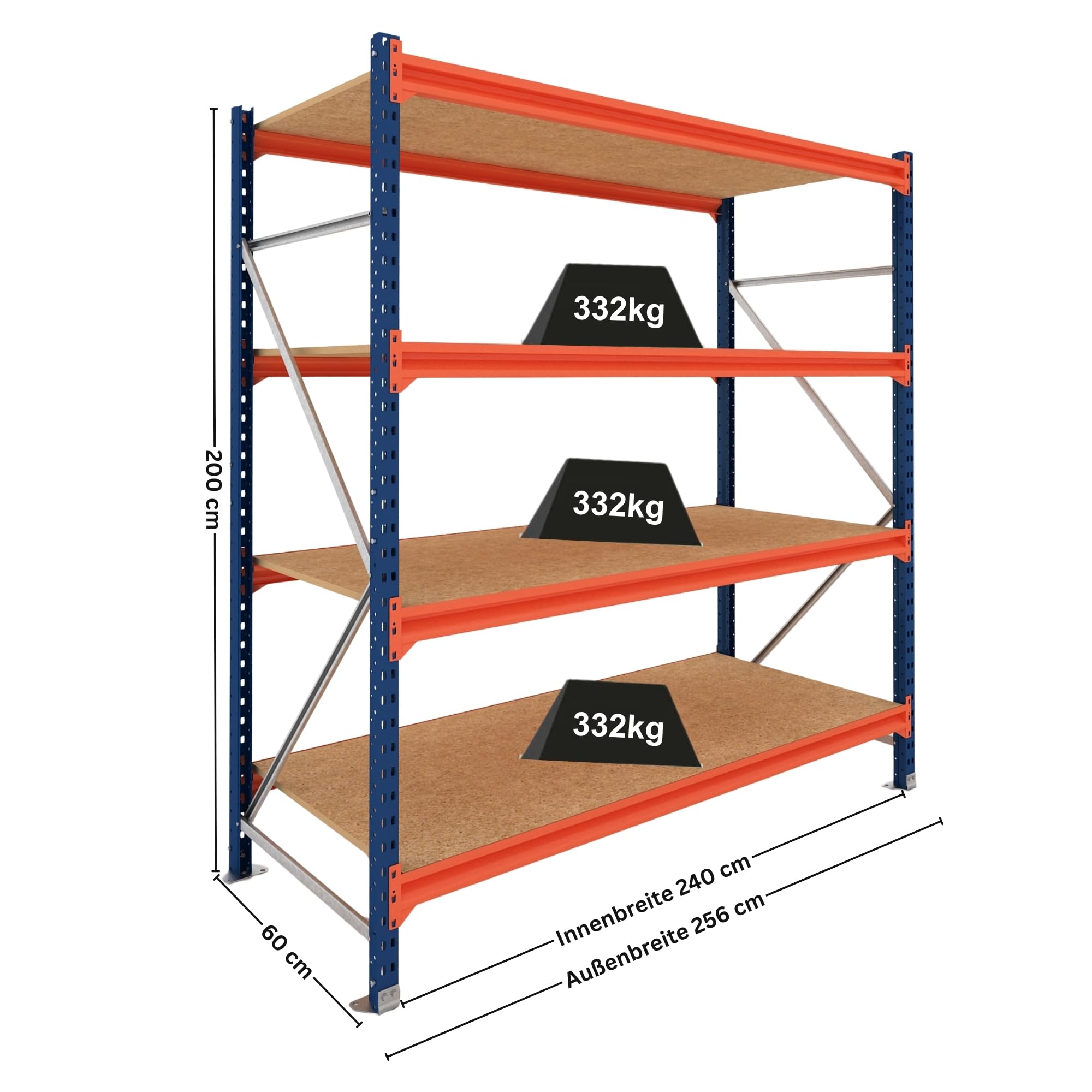 PROREGAL Weitspannregal Schwerlastregal Lagerregal Dominus | Grundregal | HxBxT 200x240x60cm | 4 Ebenen | Spanplatten-Fachboden | Fachlast 332 kg | Blau/Orange