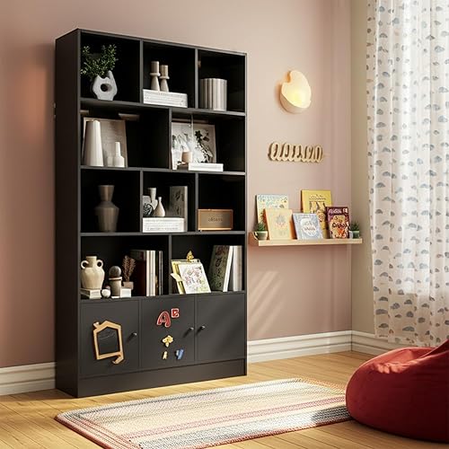 Miniatura 4 de Anystyle Estantería negra de 5 niveles, armario de almacenamiento de 13 cubos con 3 puertas, estantería independiente para sala de estar y oficina