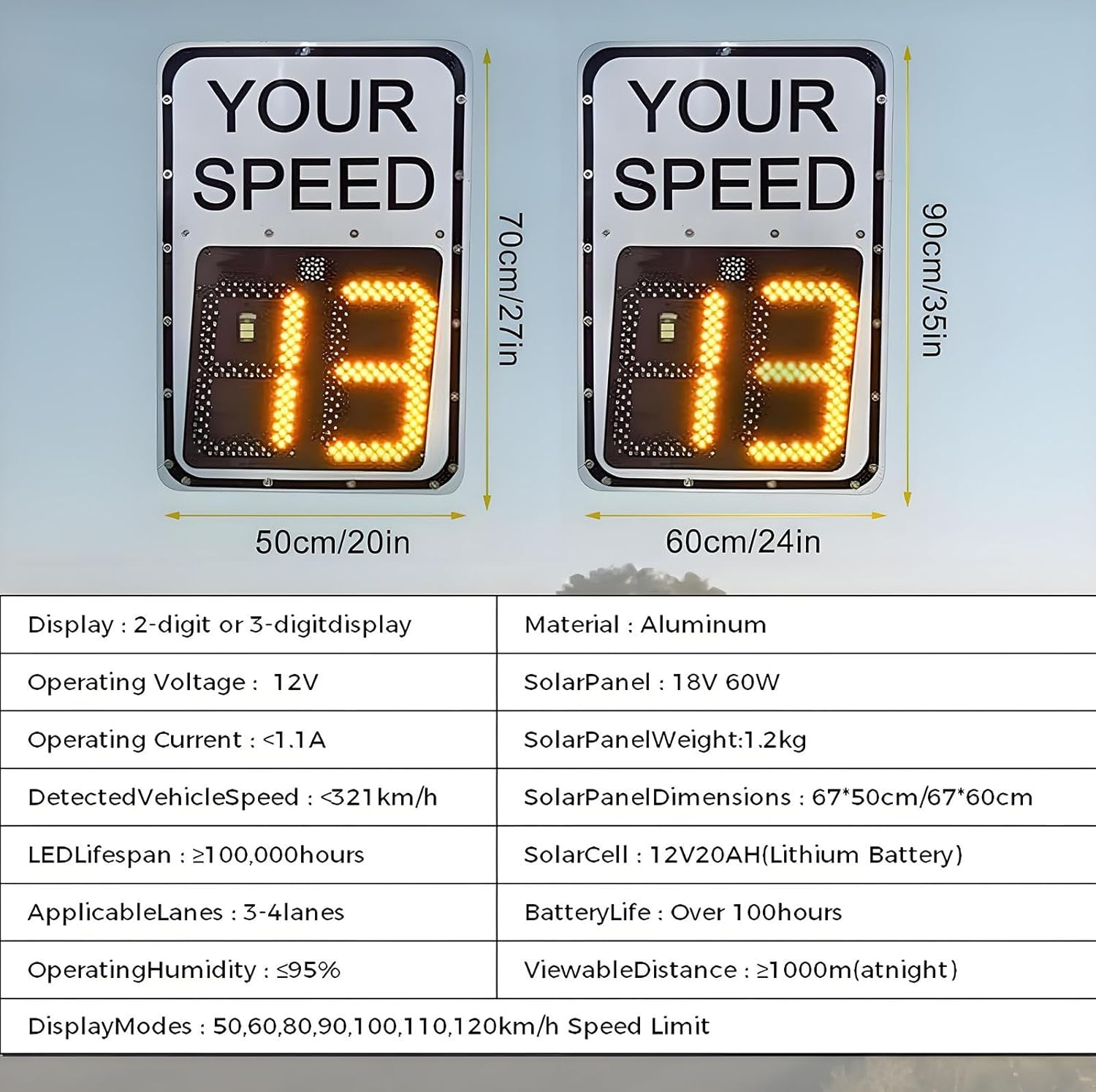 Solar Powered Radar Speed Limit Sign - LED Traffic Feedback Board with 3-Digit Display & Accessories for Enhanced Road Safety Monitoring