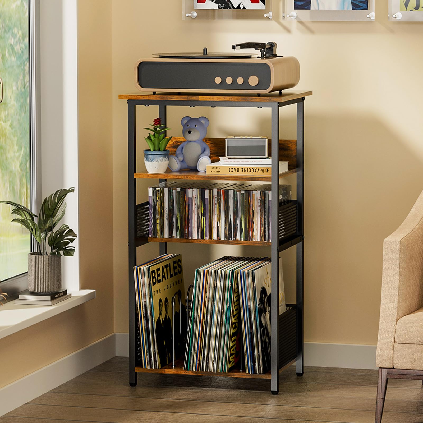 Huxitocan 4-Tier Record Player Stand, Record Player Table with Storage Up to 100 Records and 40 CDs, Turntables Stand for Vinyl Records, Record Player Holder for Living Room, Bedroom, Office