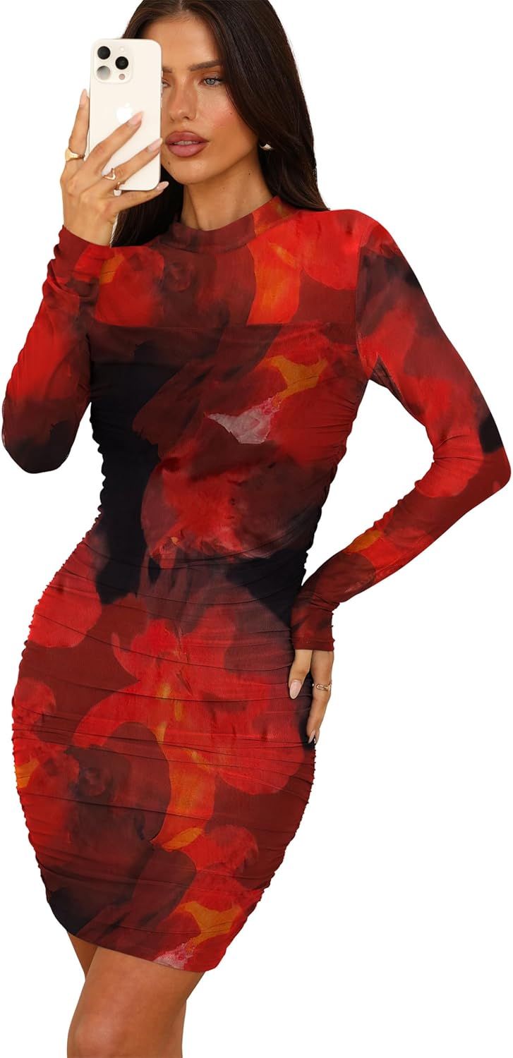 WIHOLL Women's Mesh Sheer Long Sleeve Ruched Mini Dress Sexy Bodycon Mock Neck Cocktail Party Club Spring Dresses 2026 - Image 3