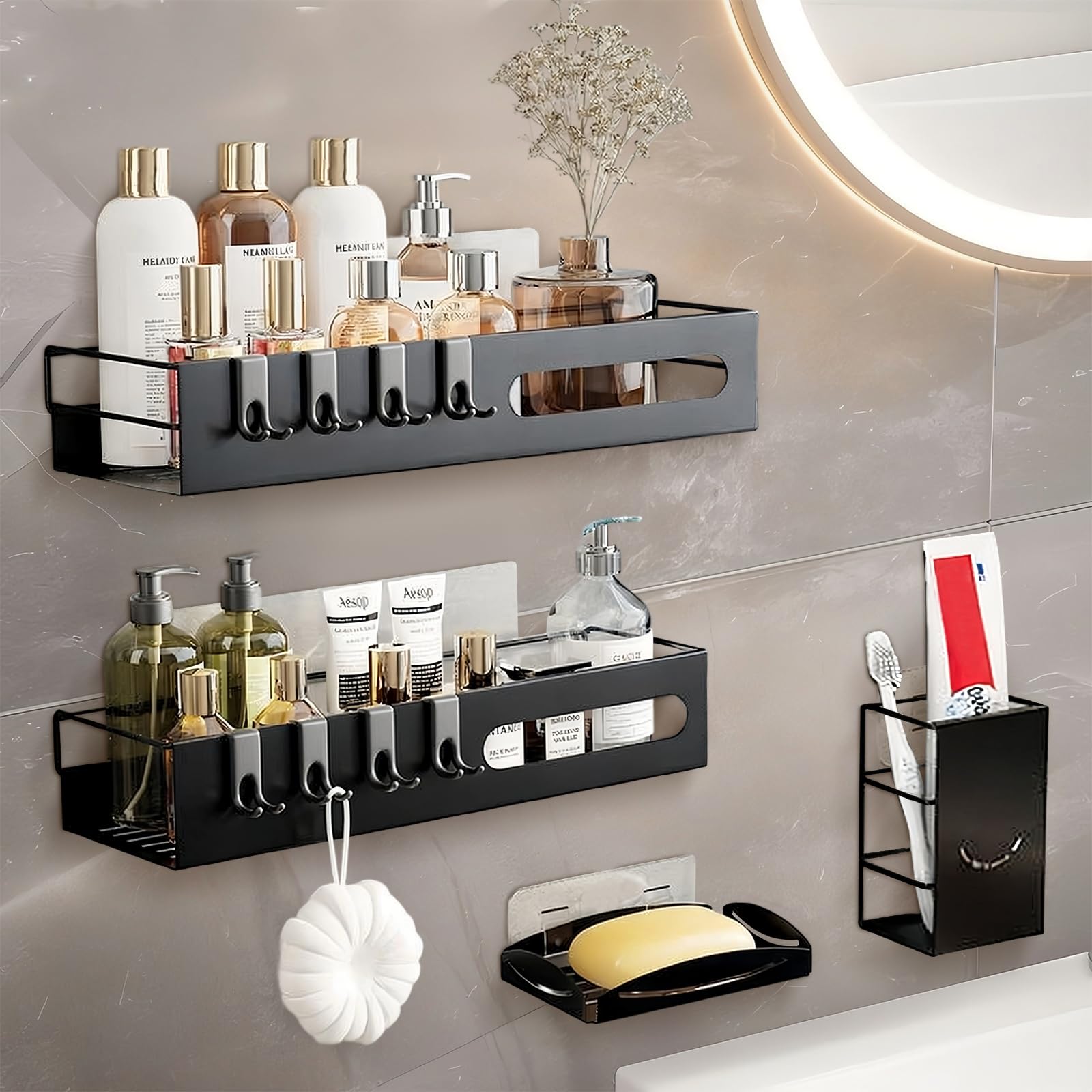 Samlonge Black 4 Pieces Shower Shelf Without Drilling Rustproof Shower Caddy With 8 Hooks Toothbrush Holder Soap Holder, Bathroom Shelves Organizer, Shower Shelf Organizer For Bathroom (Black)