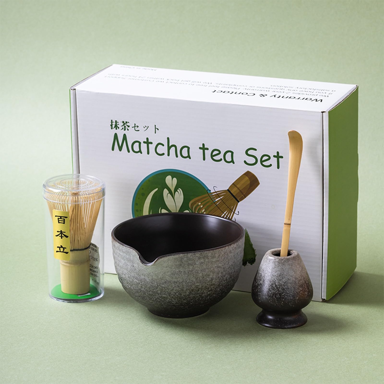 JIKANNOYA CJ68 Matcha Set for Home Use, Matcha Set, For Beginners, Matcha Ceramic, Matcha Bowl with Spout, Tea Ladle, 100 Piece Tea Sen, Chasen Stand, Easy to Clean, Matcha Set for Beginners, Mother's