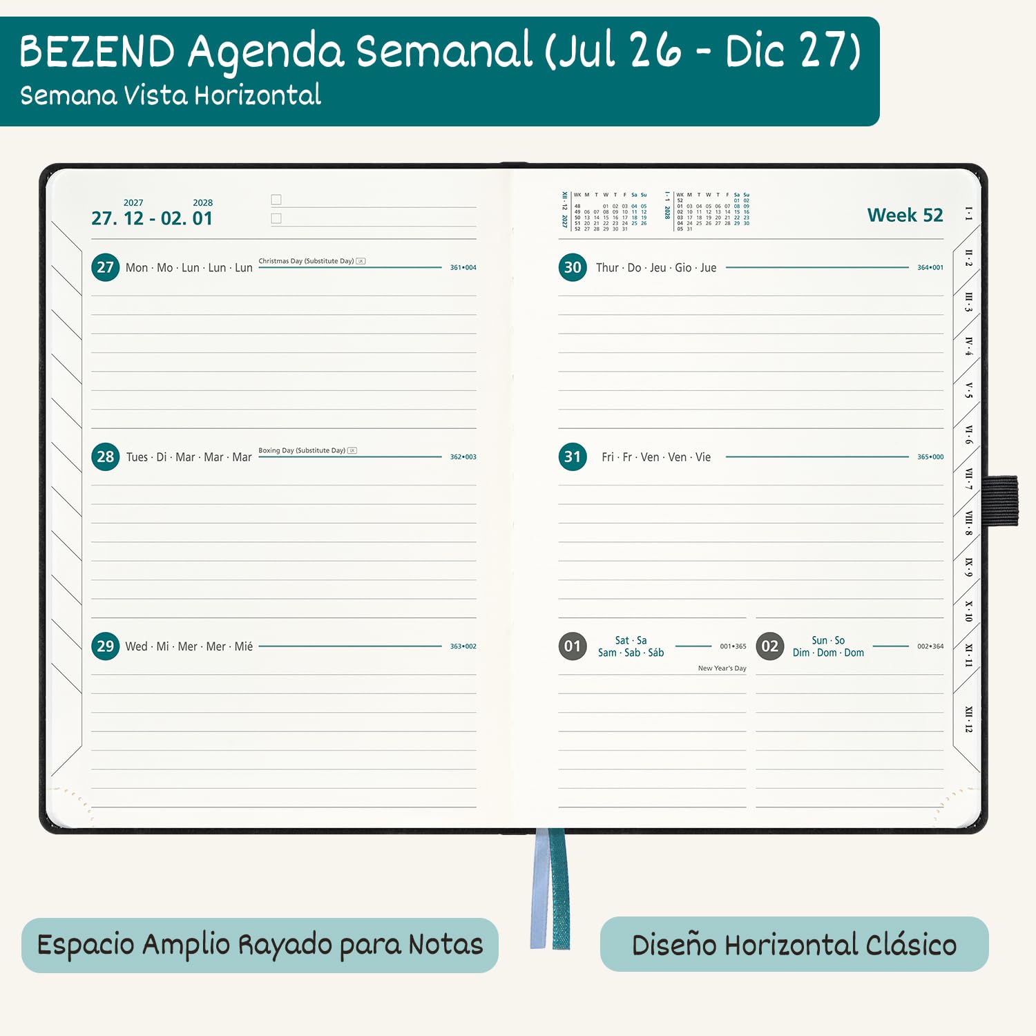 BEZEND Agenda Escolar 2026 2027 Semana Vista A5 Horizontal, 18 Meses de Jul.26 a Dic.27, Agenda Semanal 15,5 x 21 cm, Tapa Dura Cuero PU - Oliva